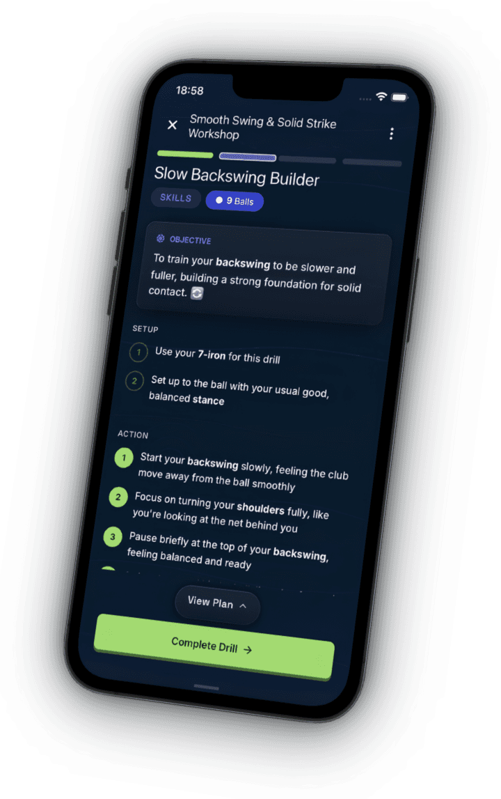 SwingSight practice drill screen showing Slow Backswing Builder drill